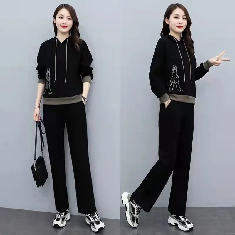 女性のカジュアルスポーツスーツ,ルーズフード付きセーターとワイドレッグパンツ,韓国ファッション,ラージサイズ,春,秋,新しい,2020, 2個セット