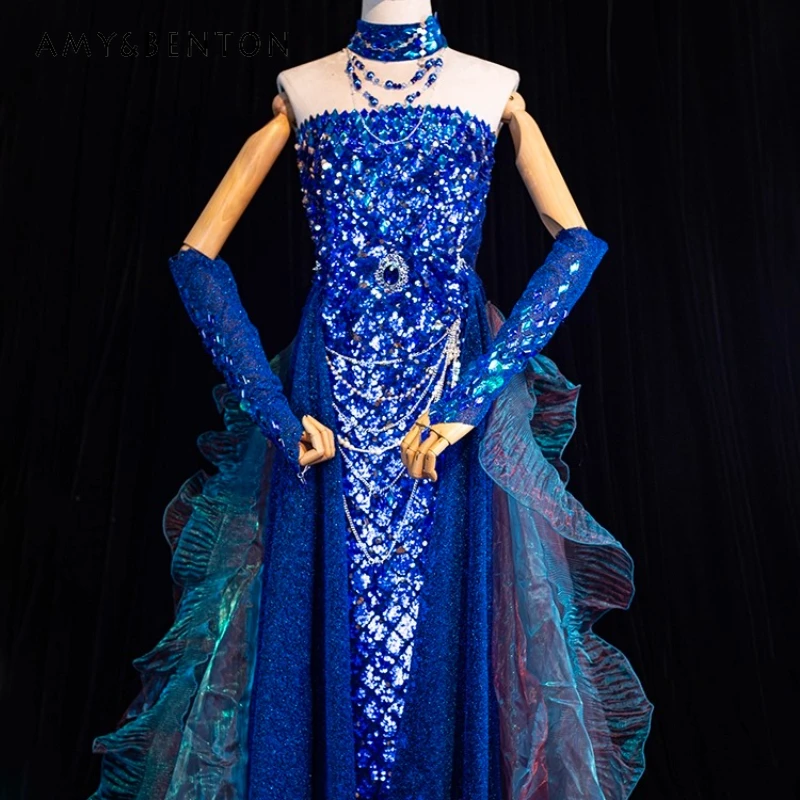

Original Blue Heavy Industry Bead Curtain Diamond Women's Tube Top Dress New Fungus Lace Splicing Temperament Dresses Suit Girl