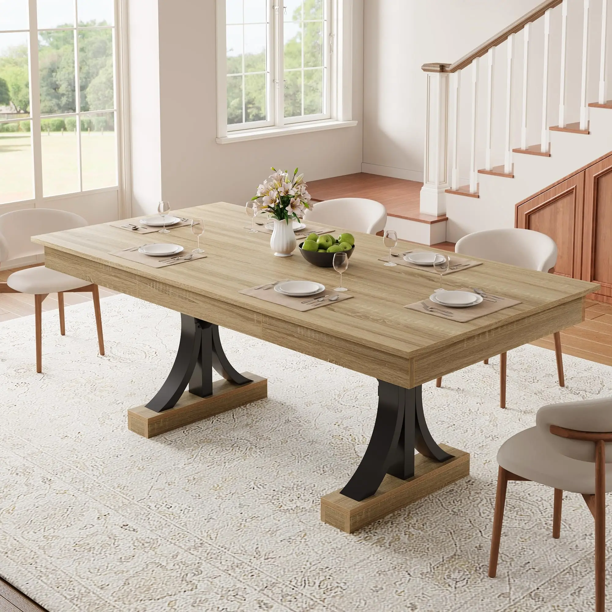 71 Inch Dining Table For 6-8 With 2 Drawers, Industrial Rectangular Wooden Kitchen Table, Double Pedestal Base For Home Office