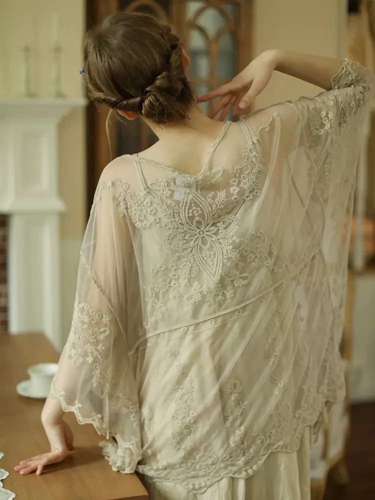 Spring Summer Women Romantic Delicate Embroidered Cute Mori Kei See-through Lace Cardigans