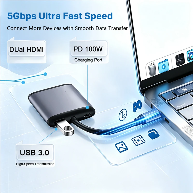4-in-1 USB C Hub Dual HDMI-compatible 4K@60Hz Multiport Adapter USB3.0 5Gbps Docking Station for MacBook Tablet Windows Laptop 3