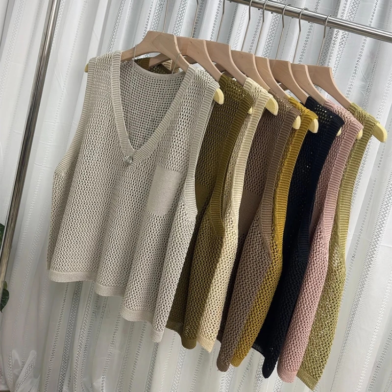 

High Quality Summer Thin Cut Hollowed Out Linen Knit Vest Vest for Women's Outerwear, Loose Fitting Vest for Women's Outerwear