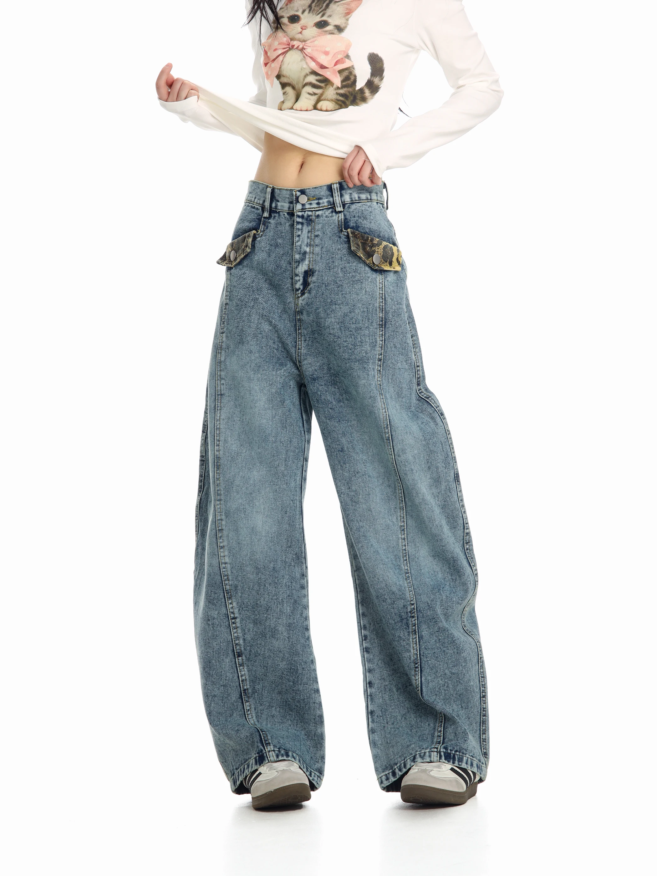 

Американские джинсы с леопардовым принтом и пэчворком, широкие, свободного кроя, женские, повседневные, удобные, из денима