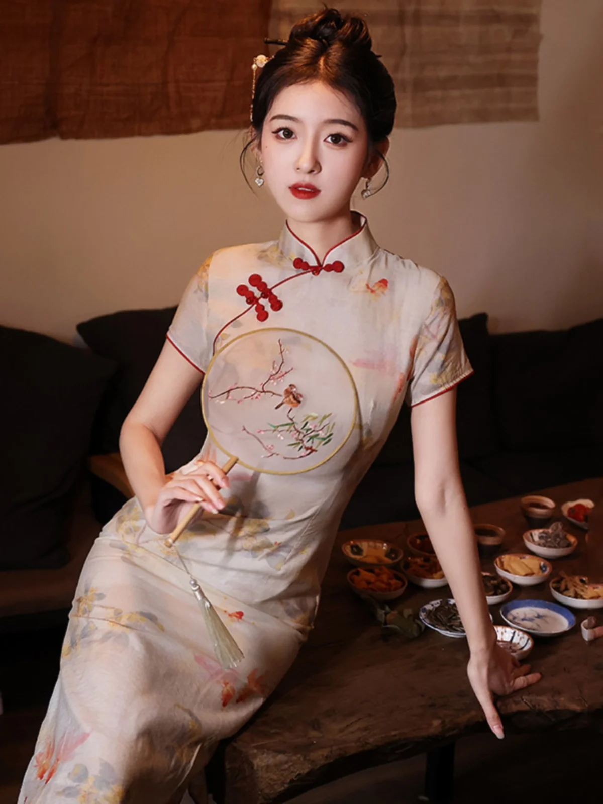 

Young Women's Sle Reformed Qipao Jinqi Gui Retro Fit Summer New Arrival Daily Wear Floral Pattern Polyester Fiber ort Sve