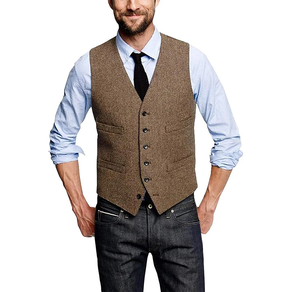 

Men's Suit Vest Slim Fit V-neck Woolen Splicing Vests Herringbone Steampunk Waistcoat Business Groomsmen Suit Vest