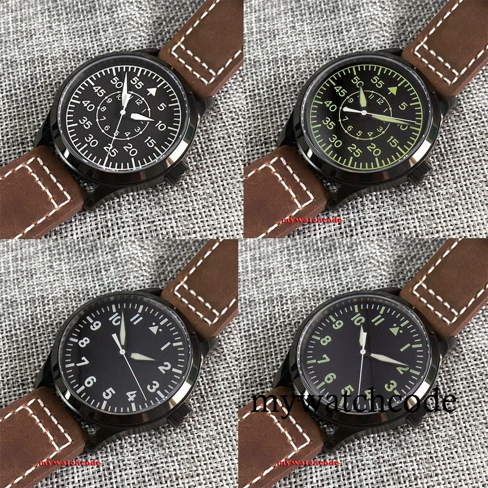 

42mm Black PVD Pilot Automatic Men's Wristwatch Miyota8215 ST1612 Black Sterile Dial Green Luminous Marks Sapphire Glass