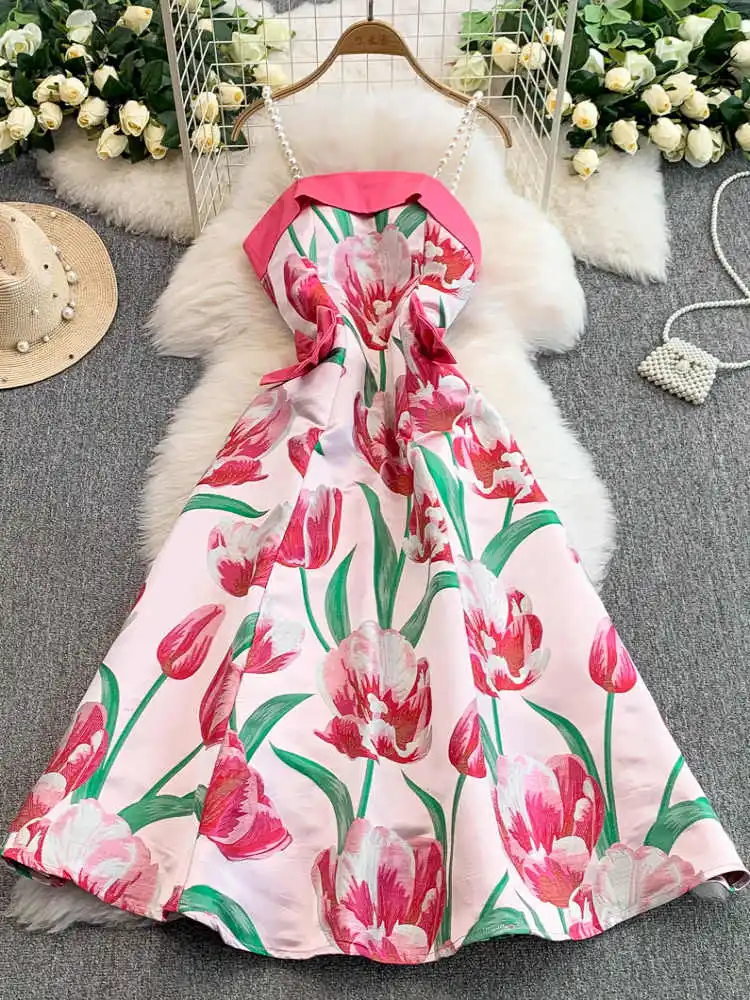 

Women's Pink Flower Print Bow Evening Dress Off Shoulder Long Luxury Dresses Sleeveless Y2k One Piece Frocks Clothes Summer 2025