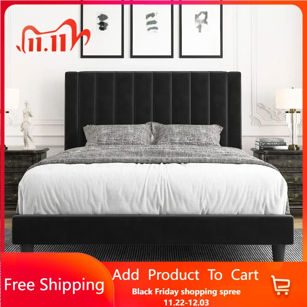 Bed Frame/Velvet Upholstered Bed Frame with Vertical Channel Tufted Headboard/Strong Wooden Slats/Platform