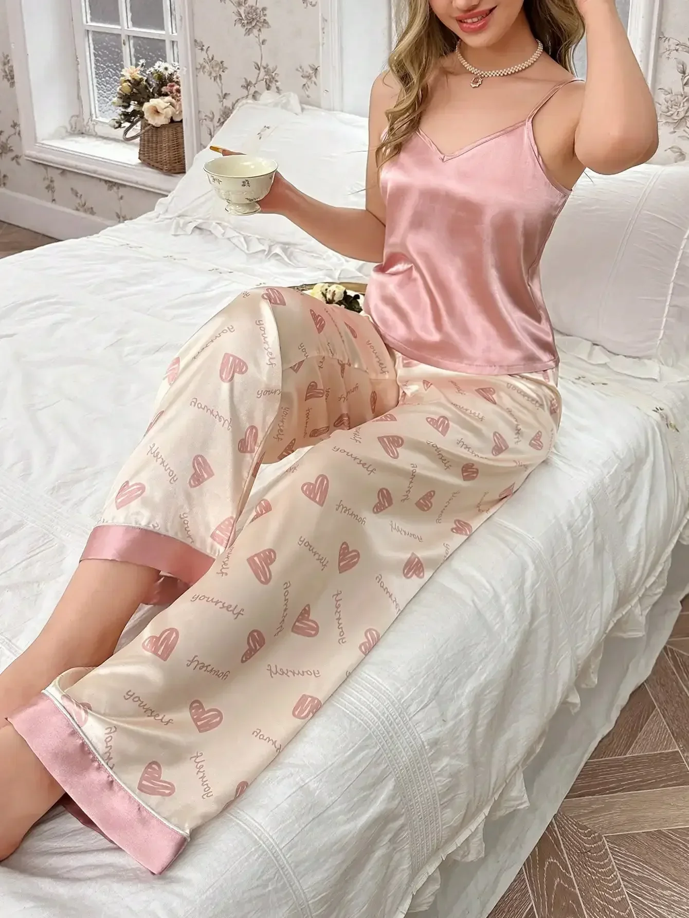 2pcs Satin Heart & Letter Print Camisole And Pants Pajama Set Holiday Season Bountiful Floral Splendor Cozy And E
