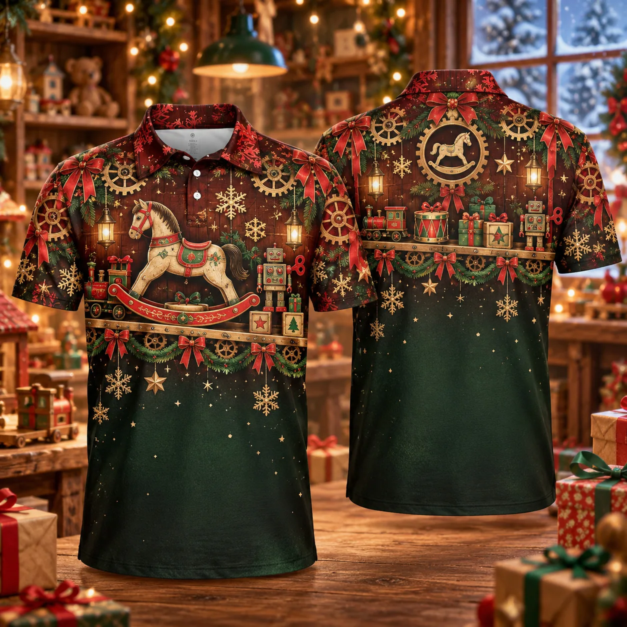 Men's Christmas Polo Shirt Vintage Toy Workshop 3D All Over Print Short Sleeve Holiday Party Golf Top