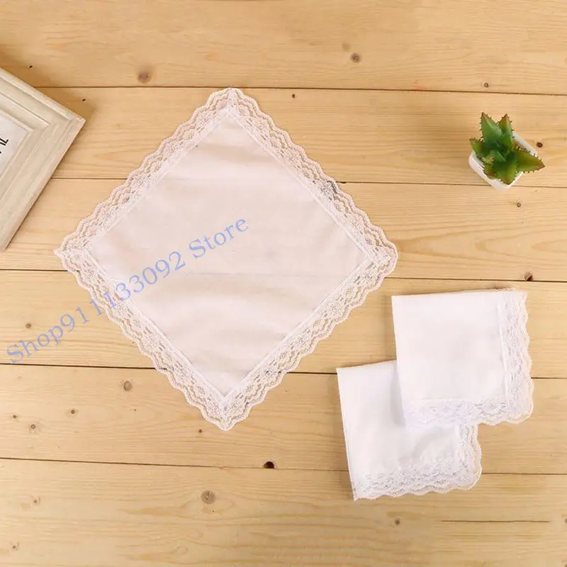 H9ED 25x25cmレディースプレーンホワイトフローラルレーストリムコットンハンカチーズブライダルウェディング