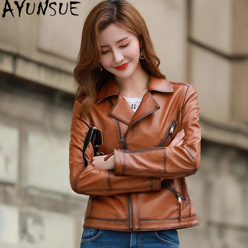 سترة من الجلد الحقيقي للنساء من AYUNSUE 2025 معاطف للدراجات النارية من جلد الغنم الأسود جديدة في ملابس خارجية ملابس ربيع الخريف كوسوهها Жenška