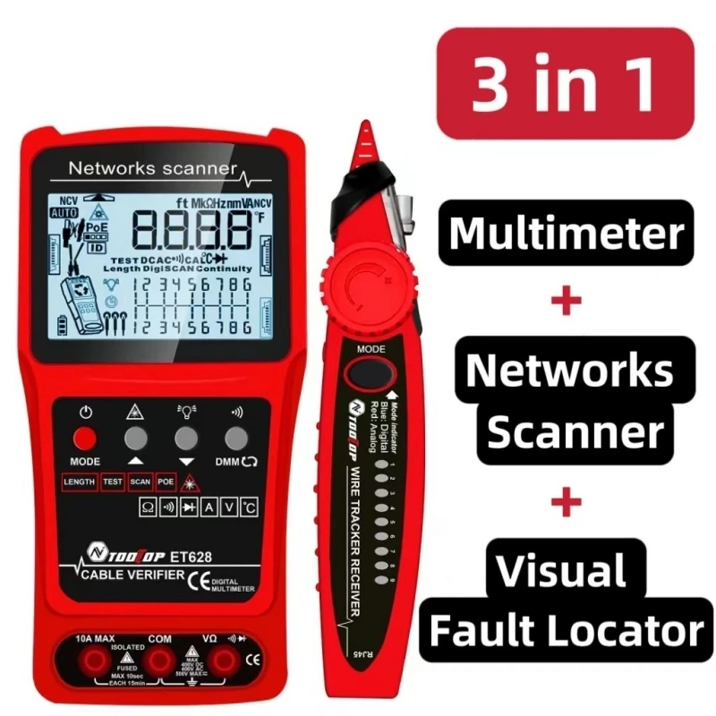 TOOLTOP 600M Pomiar długości Tester sieci LAN Test POE Bezszumowy multimetr do śledzenia kabli Wizualny lokalizator usterek 3 w 1