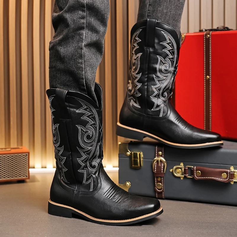 

New Men High Top Western Cowboy Boots PU Low Heel Square Head Knight Boots Long Tube Deep V Embroidered Men Boots