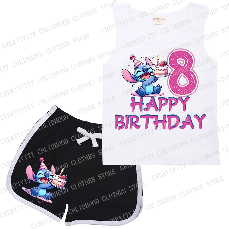 Children Birthday Number Stitch 1-14 Sports Suit Kids Vest & Shorts Kawaii Cartoon Casual Clothes Sleeveless Girl Boy 2Pcs Sets