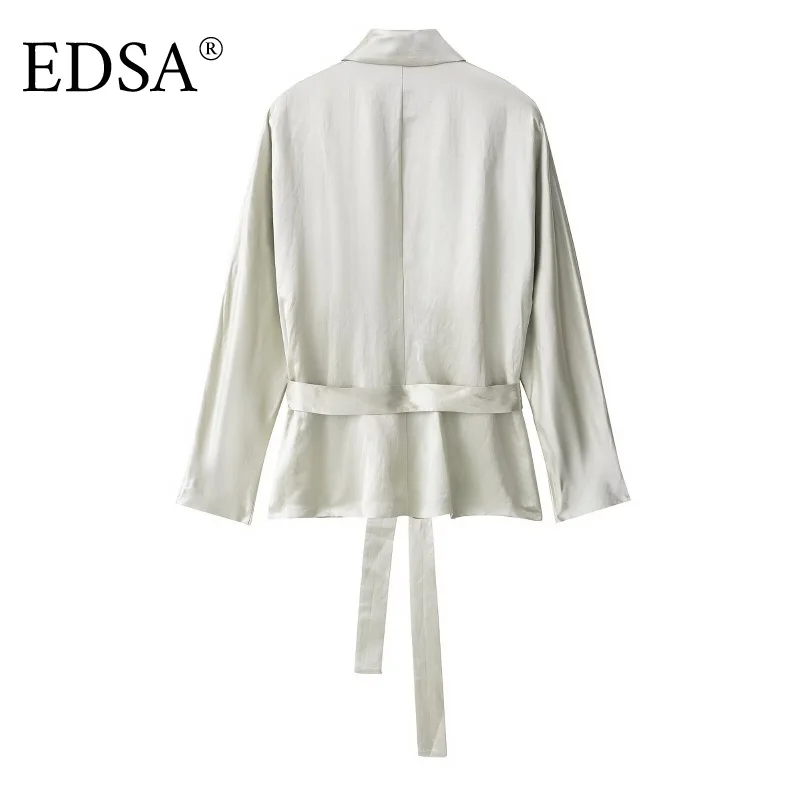سترة نسائية من الساتان من EDSA مع حزام وأكمام طويلة وطية صدر مدببة وحاشية مستقيمة لمعطف سترة نسائية للمكتب