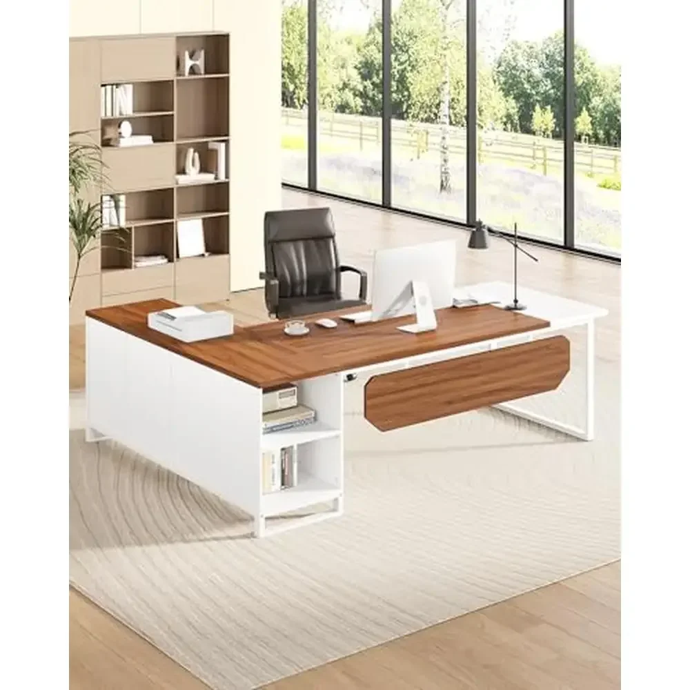 Combinação de mesa executiva em forma de L com armário de arquivo Design moderno Estação de trabalho espaçosa e prateleiras de armazenamento Acabamento nogueira/branco