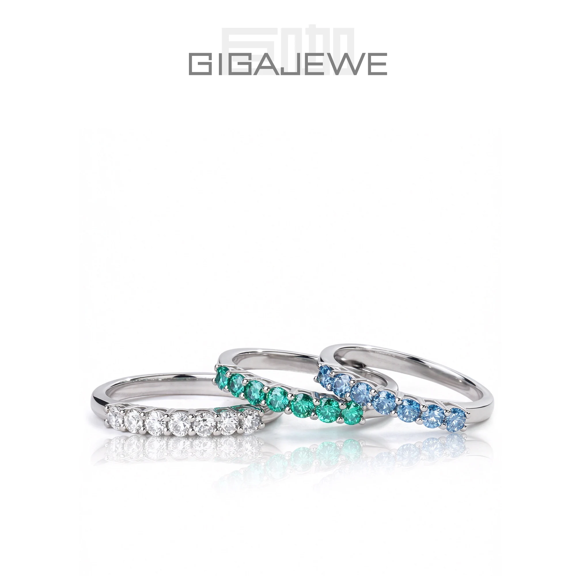 GIGAJEWE 2.3mm Total 0.3ct Half Circle 925 Silver Ring Round Cut  White D/Green/Blue Natural Color Moissanite Girl Gift