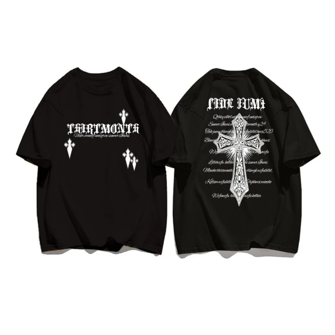 الأمريكية الرجعية الظلام الصليب الجرافيك تي شيرت الصيف موضة الرياضة القطن الخالص تي شيرت رجالي ملابس الأطفال المحملة Y2k امرأة