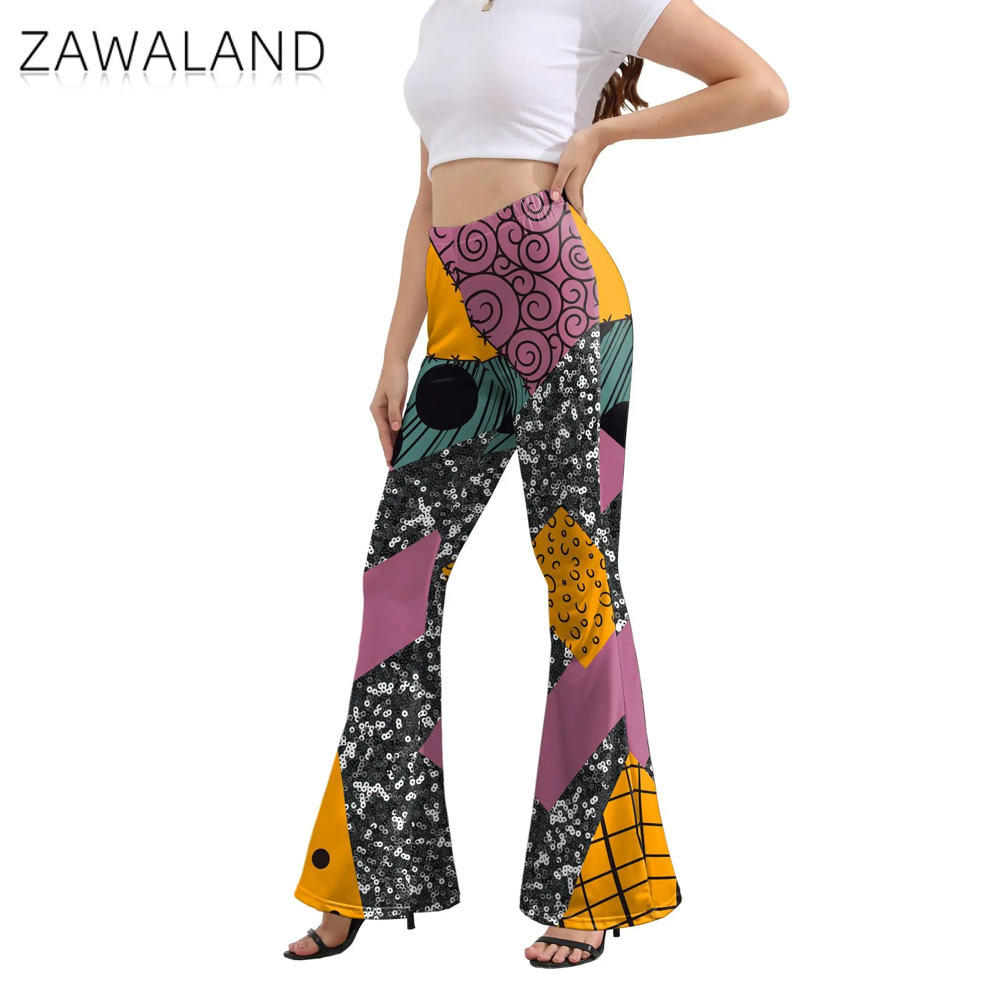 Zawaland Halloween Sally Pants Carnival Cosplay Costume 3D Printing Cartoon Pattern Wide Leg Pants Fancy Party Flare Pants