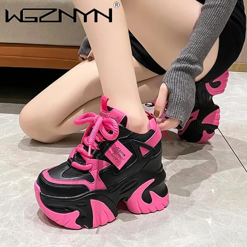 

Women High Platform Casual Leather Shoes 2024 New Autumn Lace-up Chunky Sneakers 10CM Wedges Hidden Heels Leisure Shoes Woman