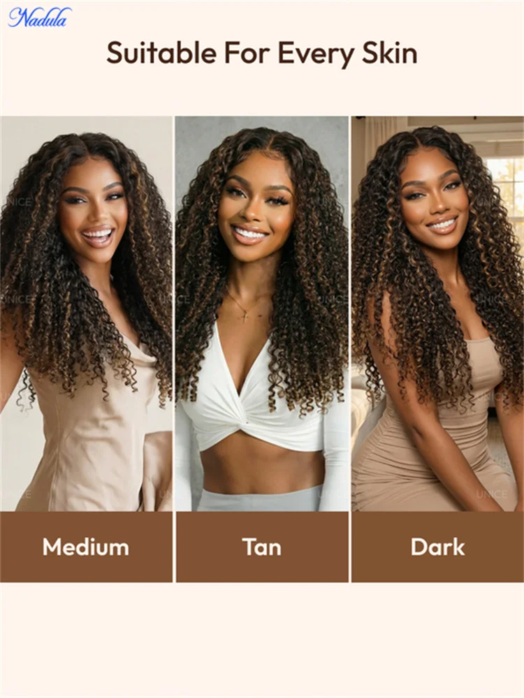 Nadula Burmese Curly Glueless Wig with Finger Coils End Chestnut Brown Ombre 7x5 Pre Cut HD Transparent Lace Pre Bleached Knots 100% Human Hair Wig with Drawstring Ready to Wear Suitable for All Heads Size view 6