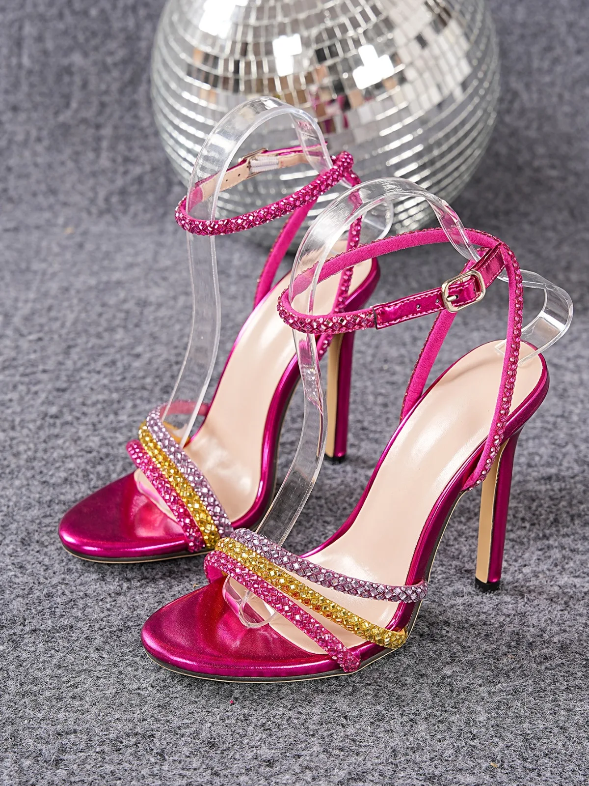 

European Open Toe Rhinestone Ankle Strap Sandals, Shiny Thin Stiletto High Heels for Party Club Wedding Evening Occasions