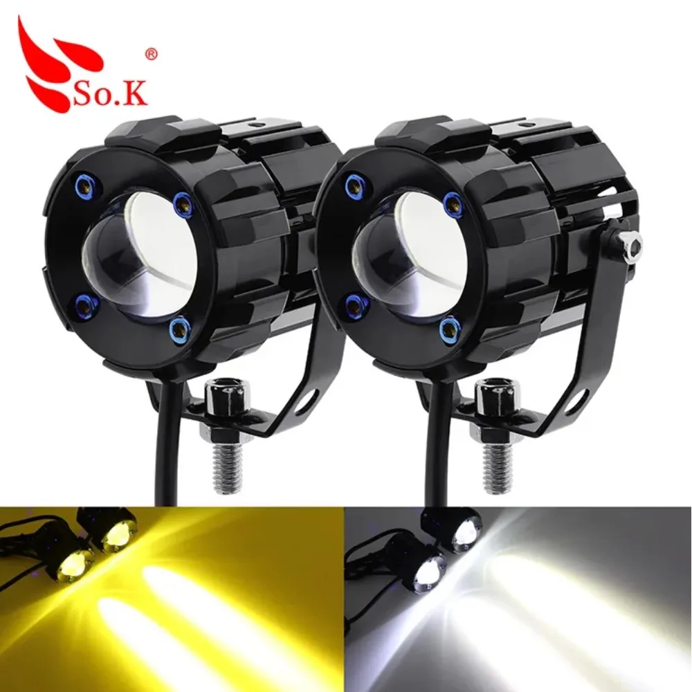 2Pcs Motorcycle Fog Driving LED Lights Amber/White Hi-Lo Beam for ATV Scooter Cafe Racer Honda Yamaha.