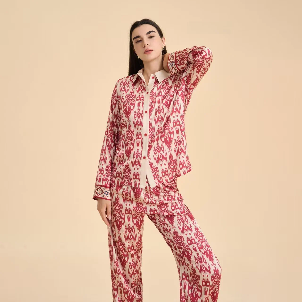 

New Style Long Sleeve Satin Print Home Clothes Top And Pants Set Youth Winter Comfortable Breathable Sleepwear Home Fashion