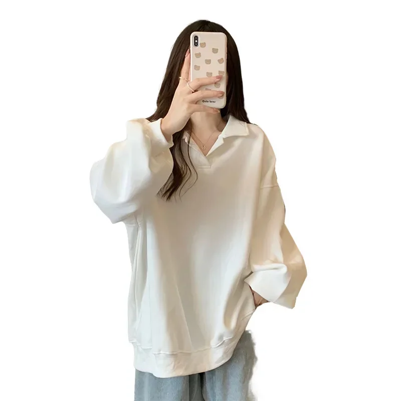 

Autumn Fashion Oversized Loose T-shirt Sweatshirt For Women Korean Style Solid Lapel Pullover Hoodies Y2k Streetwear Women