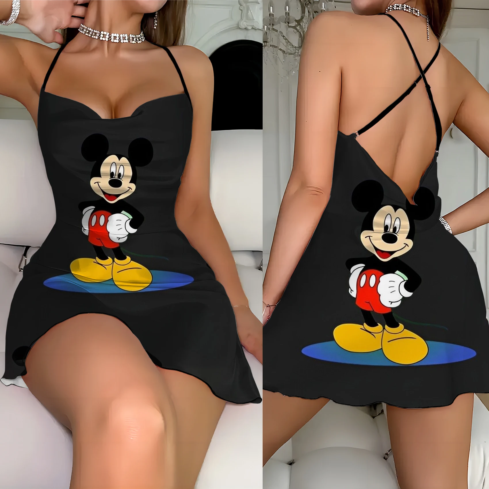 Minnie Mouse Fashion Summer Dresses 2024 Crew Neck Mickey Disney Backless Dress Lettuce Trim Elegant Women Neck Slip Dress Home