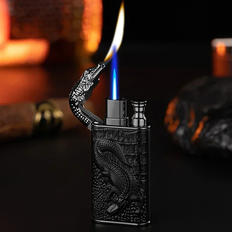 2024 3D Relief Dragon Crocodile Double Fire Lighter Metal Windproof Jet Fire Open Fire Conversion Gas Lighter Smoking Men's Gift