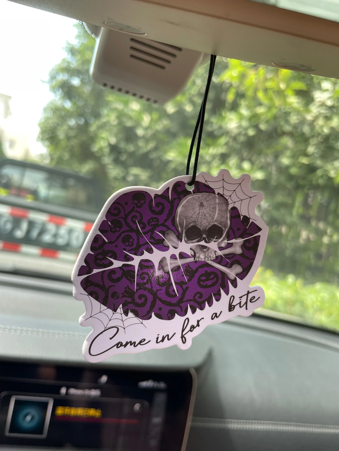 Come in for a Bite Purple Halloween Lips Skull Crossbones Spider Web Car Air Freshener Hanging Scent Tag, Natural Plant Extract