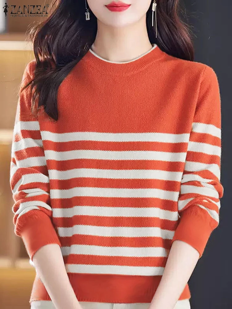 ZANZEA Fashion Elegant Knitted Work Blouses Women Spring Long Sleeve Striped Tops Tunic Femme  Holiday Shirt Autumn Loose Tees