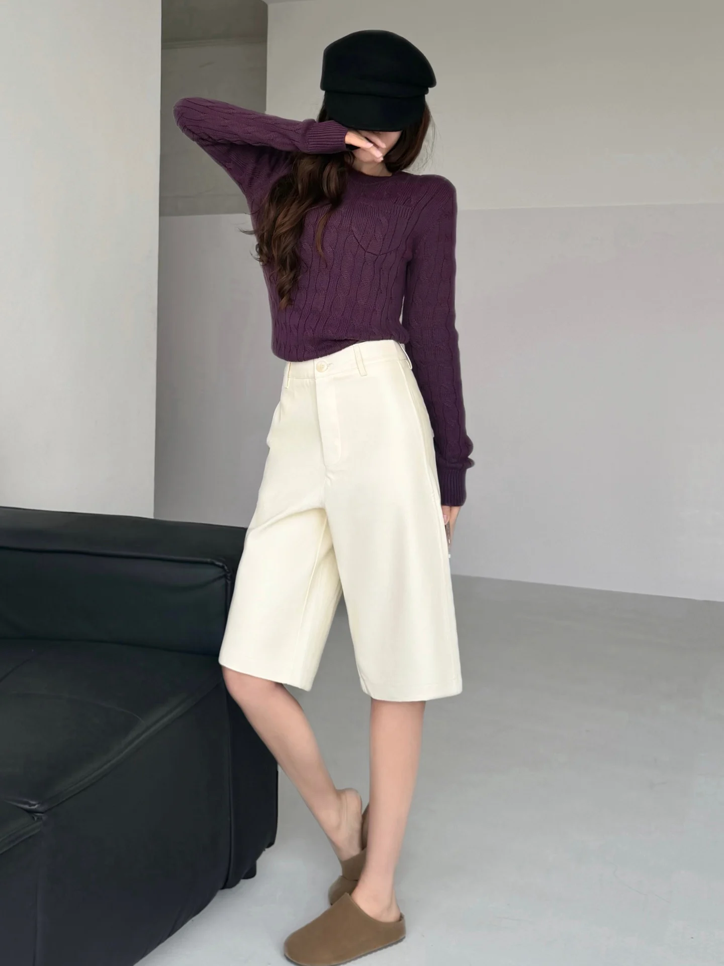 

High Waist Straight Leg PU Leather orts Women's Spring Autumn Casual Loose Slimming High Waist Five-Quarter Pants