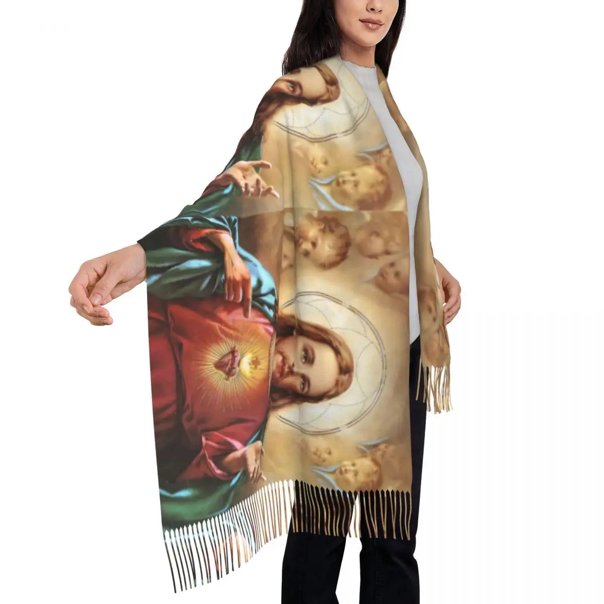 Custom Sacred Heart Of Jesus Christ Art Christian Gift Scarf Wrap for Women Long Winter Warm Tassel Shawl Unisex Scarves