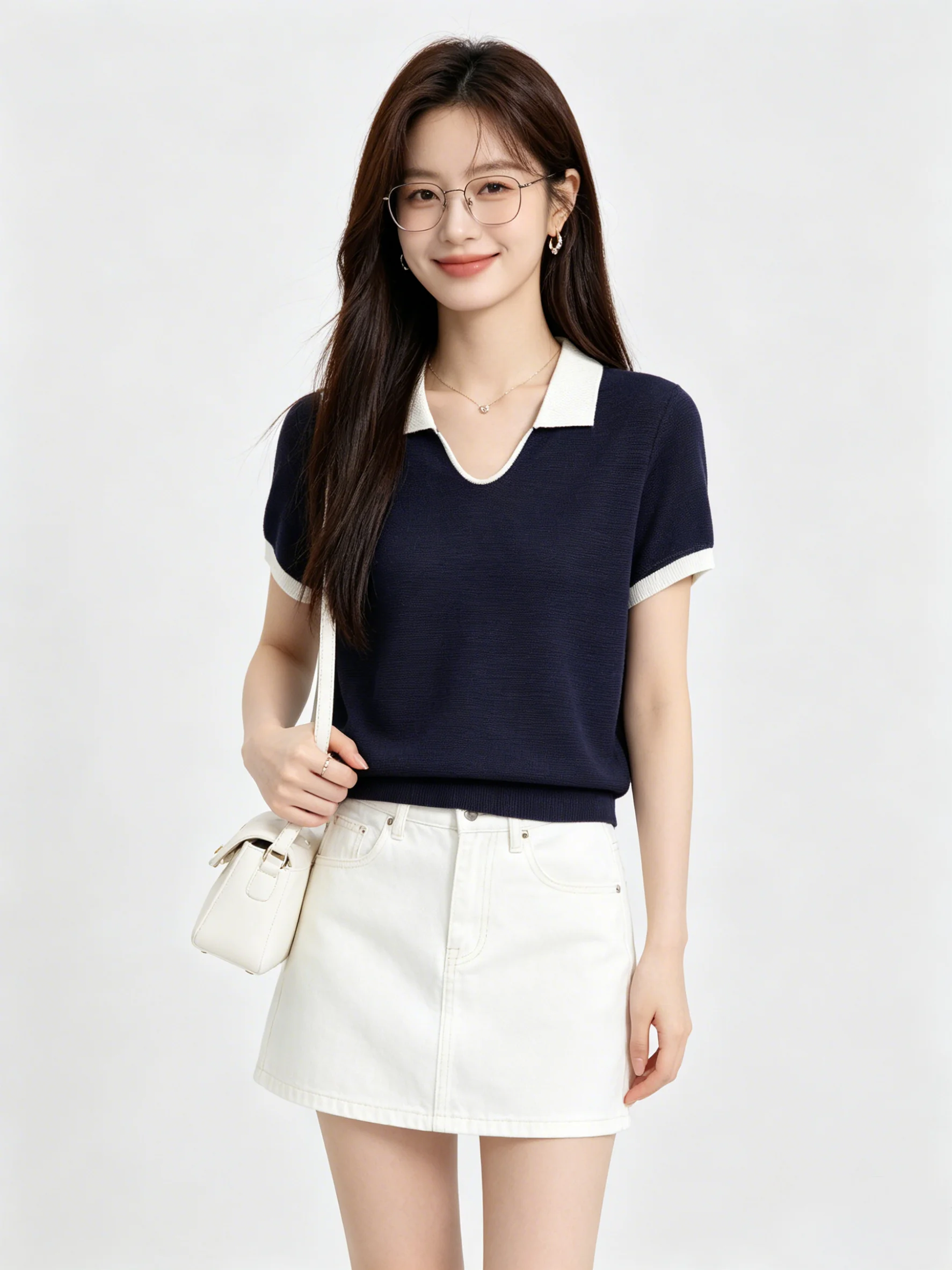 

Commuter Style Simple Korean Collar Color Block Knit Short Sleeve T-shirt Loose Slimming Versatile Skin-friendly Top