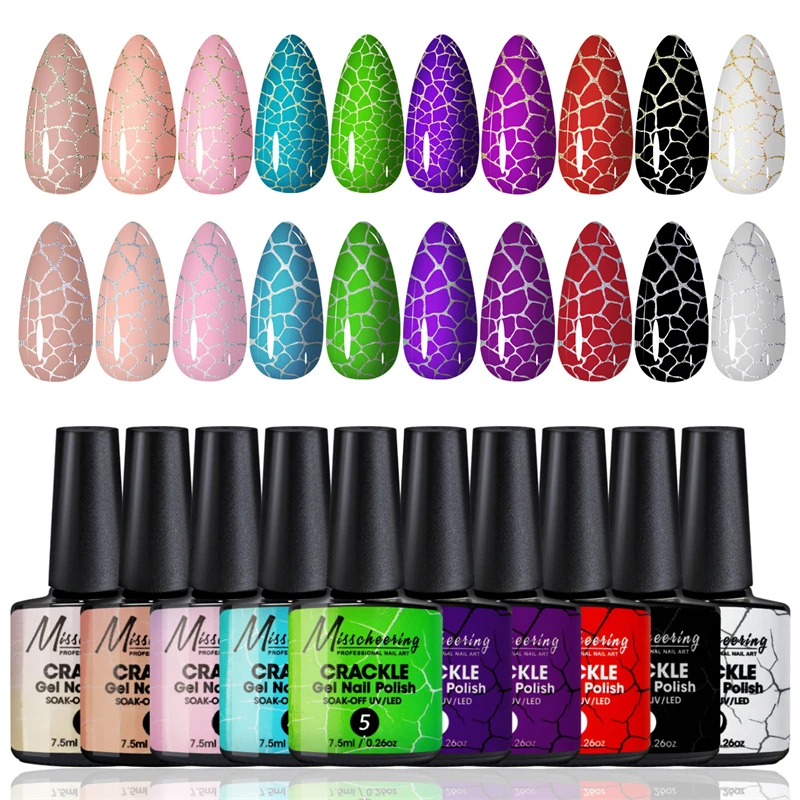 7ml Crackle Gel Nail Polish Set Cracking Nail Lacquer Quick Dry Nail Art Varnish Hybrid Semi Permanent Soak Off Base Top Coat