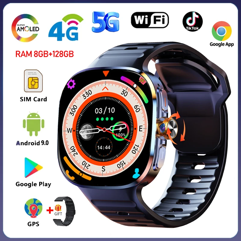 5G/4G Android 9.0 Smart Watch 2.40 inch 720*720 AMOLED HD 900W Camera Call 8GB+128GB RAM 2100mAh GPS WIFI Google APPS Smartwatch