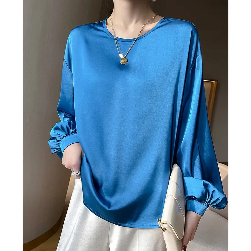 2025 Spring New Retro Long-sleeved Women's Satin Shirt Top Women Temperament Blouse Ice Silky Blouse Women