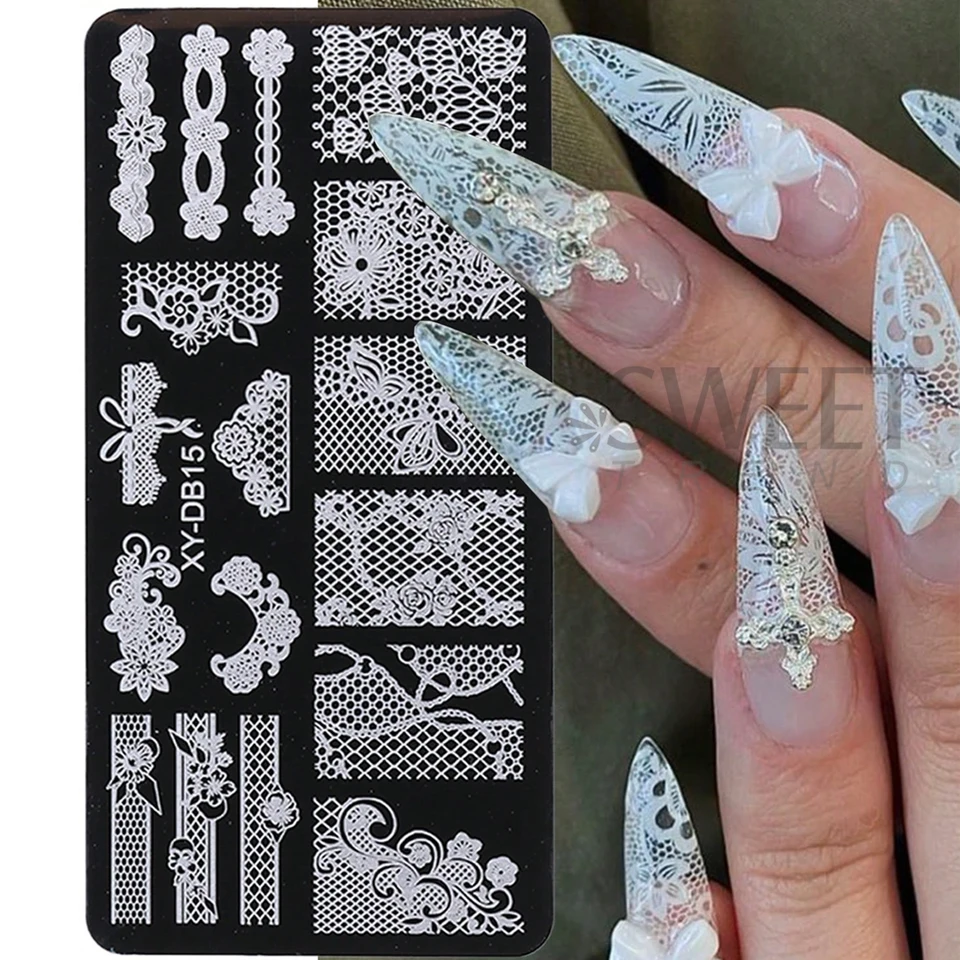 Placa de estampado para uñas de boda, patrón romántico elegante de encaje, flores, cintas y mariposas, molde de transferencia para manicura 2