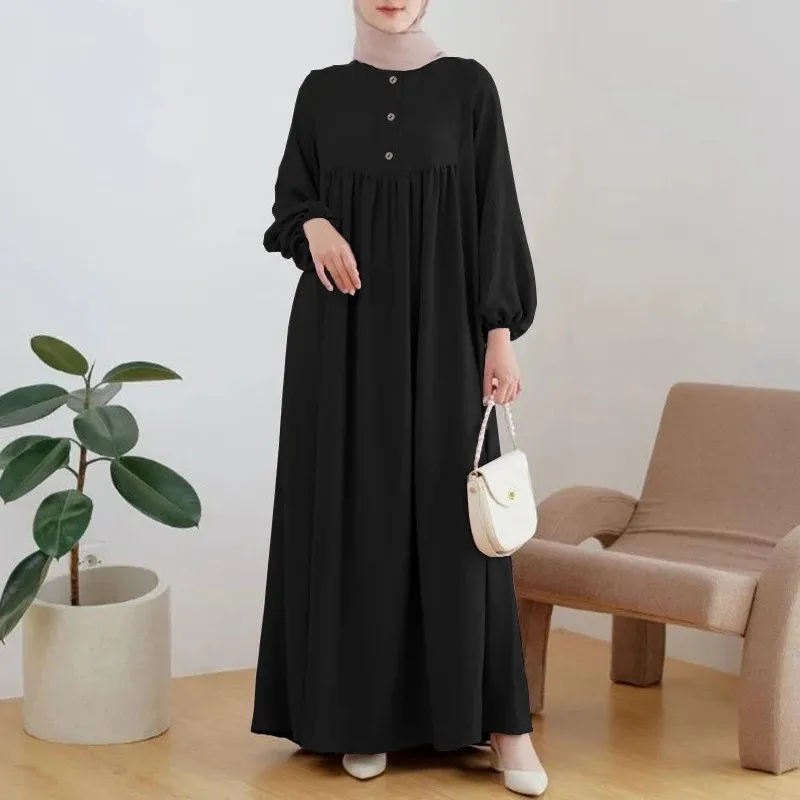 Casual Puffed Sleeves Simple Solid Color Dress for Women Islam Muslim Dress Women Clothes Dubai Abayas African Robe Musulmane