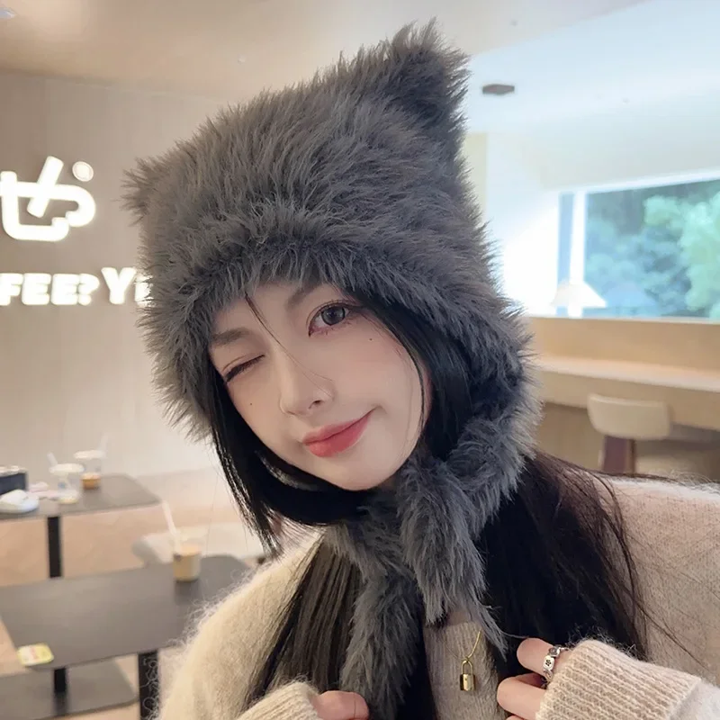 Hot Selling Women's Bear Ear Fleece Hat, Cute Winter Hat with Faux Rabbit Fur Lining, Thermal Windproof Earflap Cap