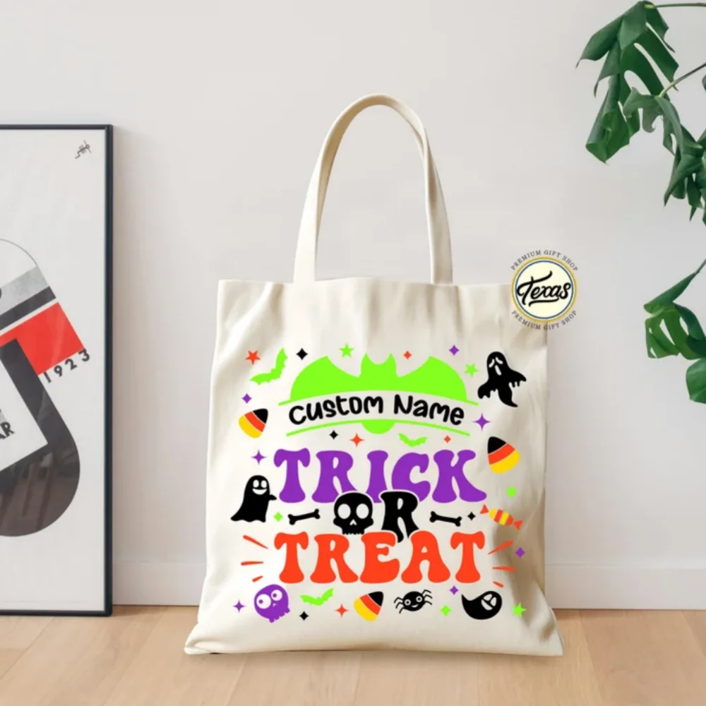 اسم مخصص الملونة خدعة أو علاج حمل حقيبة ، حقيبة حمل الهالوين ، حقيبة حمل مخيف ، حقيبة هالوين للأطفال ، حقيبة اليقطين الشبح هدية #1