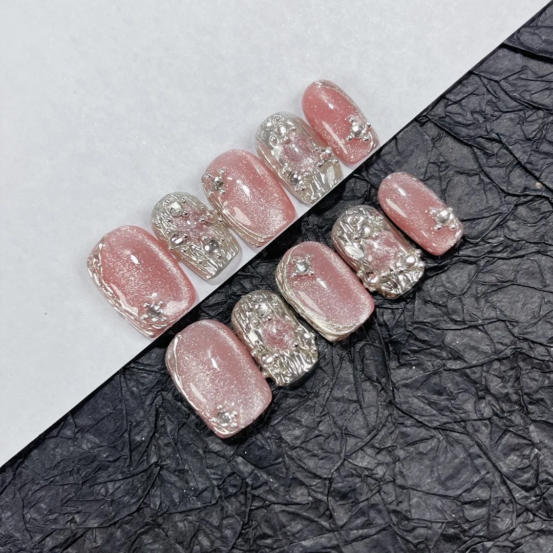 

Emmabeauty Light Pink Time Hand Painted Removable Reusable High Quality Handmade Press On Nails.D910