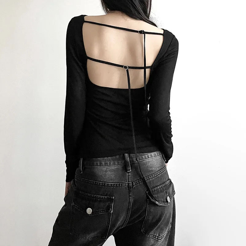 Damen-T-Shirt mit langen Ärmeln, tiefem Ausschnitt, offenem Rücken, schmaler Passform, mit Schnürung, elastischem Stoff, einfarbig, Herbstmode, kurzes Oberteil. – Detail 9
