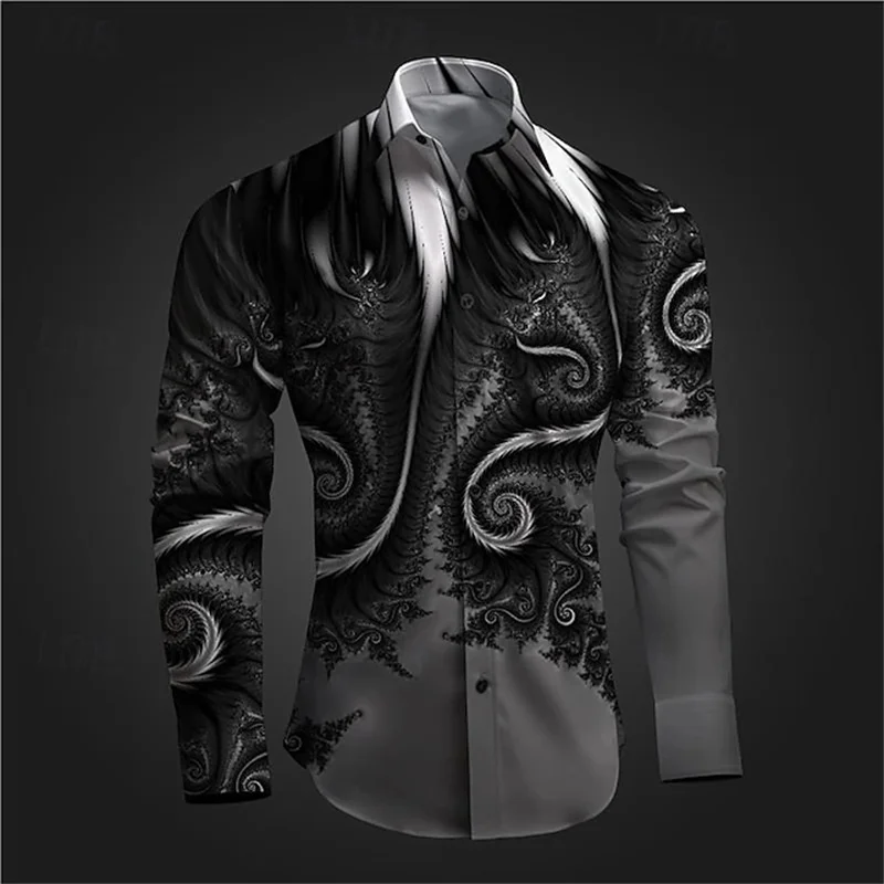 

2026 Boutique Fashion Men's Long-sleeved Tops New Textured Print Single-breasted Lapel Shirt Street Retro Fall Dark Clothing