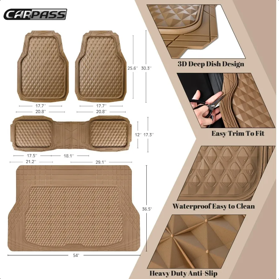 Heavy Duty Rubber Beige Car Floor Mats and Cargo Liners Deep Dish AllWeather Trunk Mats Durable AntiSlip 3D Rhombus Waterproof