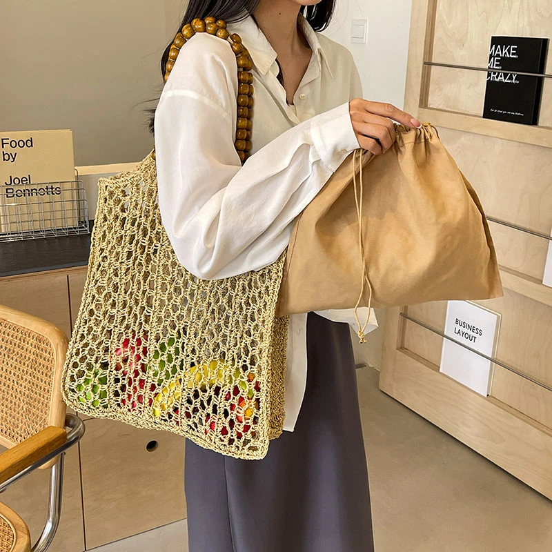 Khaki Hollow Straw Bag For Women 2024 Fashion Woven Handbag Eco Friendly Summer Shopping Bag Female Large Travel Beach Bag Tote