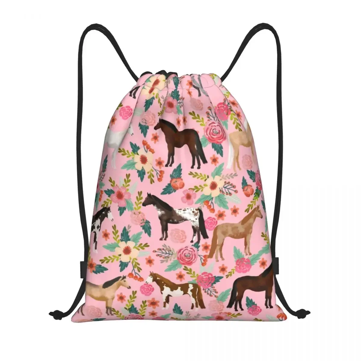 

Custom Horses Floral Drawstring Bag Women Men Lightweight Horse Breeds Farm Animal Pets Sports Gym Storage Backpack